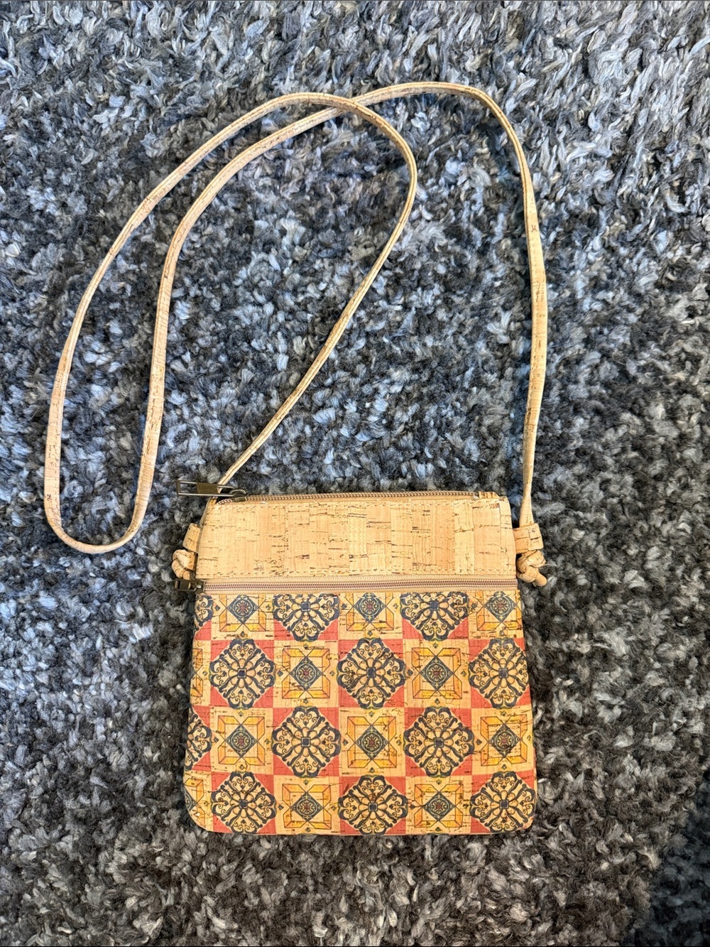 Cork Crossbody Bag with Tile Print - Natural Multi